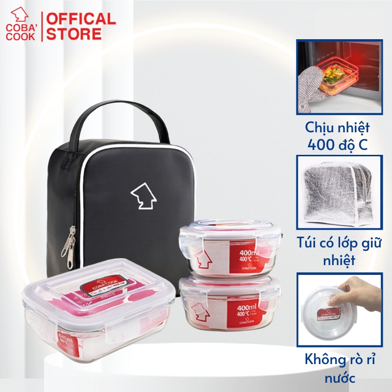 Bộ ba hộp thủy tinh chữ nhật 640ml và 2 hộp 400ml kèm túi da COBACOOK- CCL6R43SS
