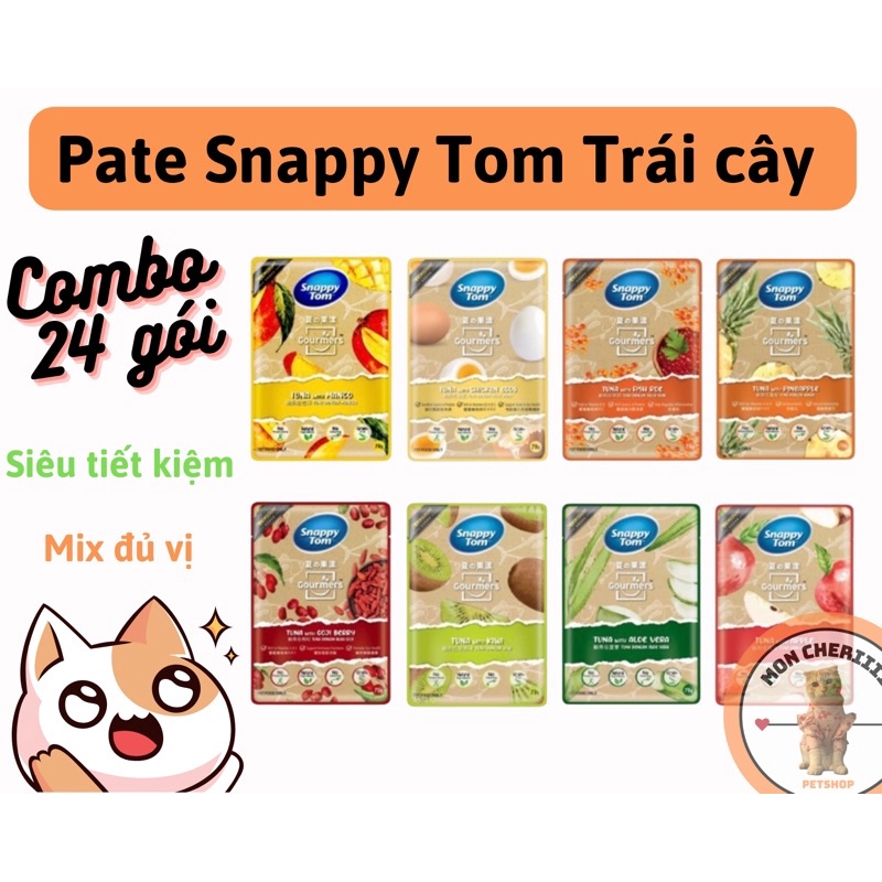 Thùng 24 gói pate SNAPPY TOM TRÁI CÂY 70gram MIX ĐỦ VỊ cho mèo cưng