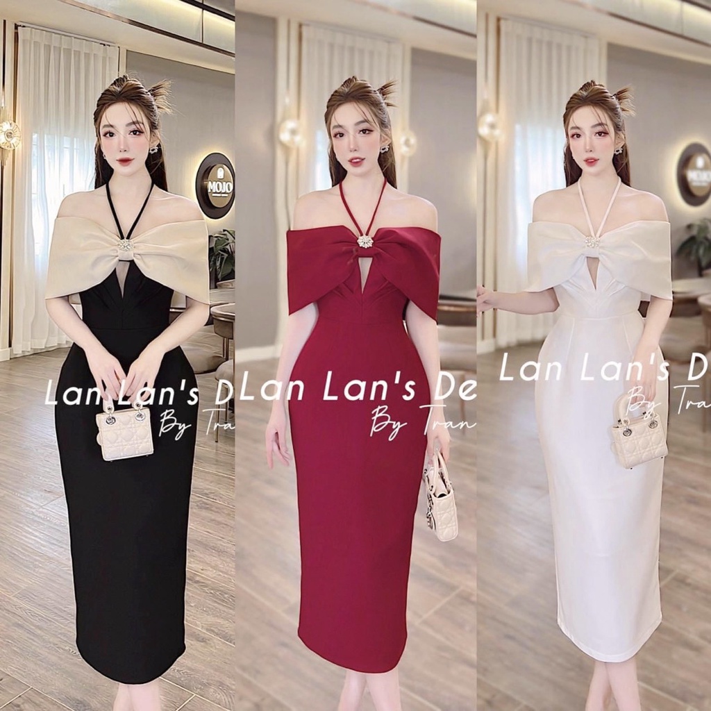 Đầm phi bẹt vai nơ ngực tag hoa dây cổ 3 màu