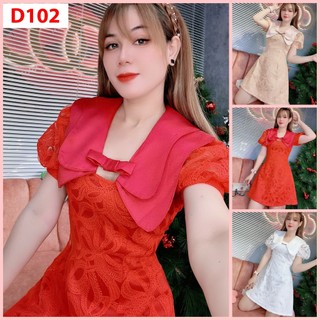 D102 - đầm đỏ đi chơi tết, chơi suân, dự tiệc, đầm ren 3d, nơ nối thiết kế với tone màu xinh xắn