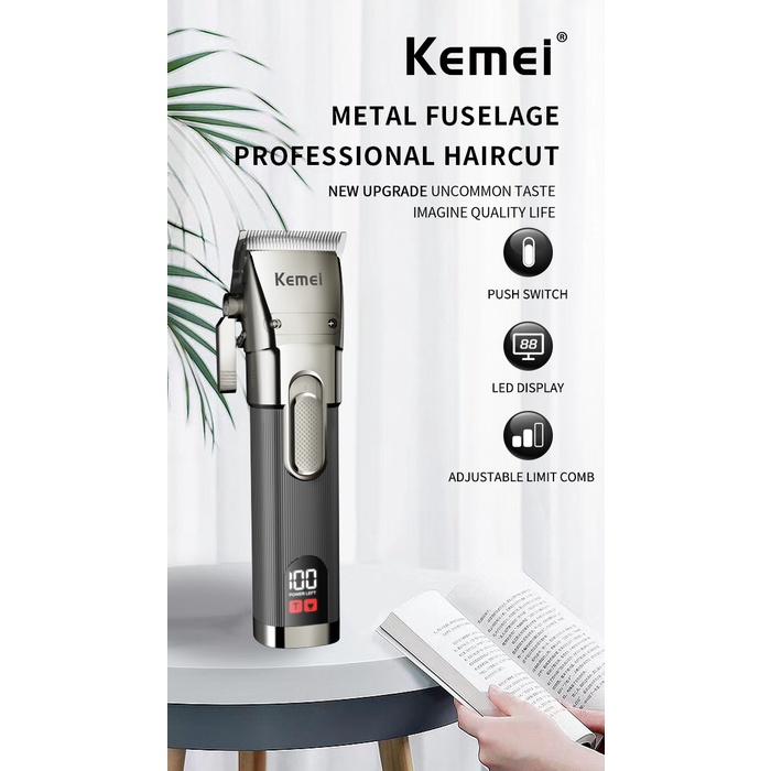 Tông đơ cắt tóc KEMEI thiết kế chuyên nghiệp không dây cho nam có màn hình LED hiển thị