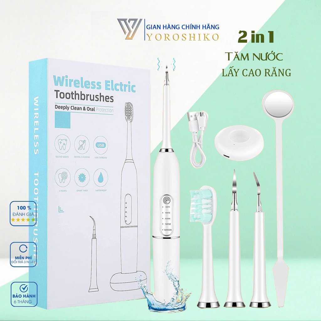 Bàn Chải Điện 2in1 cao cấp kèm sạc không giây chống nước chuẩn IPX 7 yoroshiko