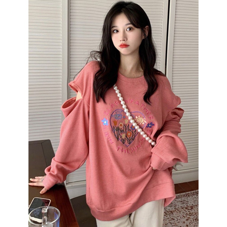 Áo thun ZHELIHANGFEI dài tay hở vai in hình trái tim phong cách retro xinh xắn