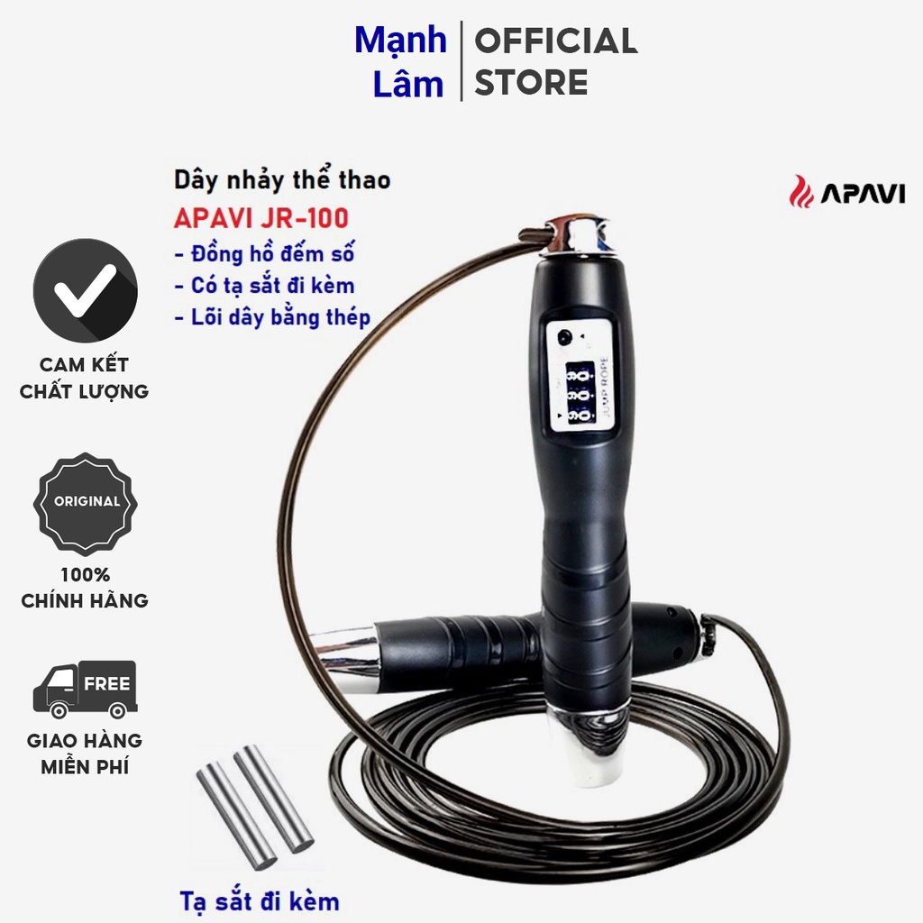 Dây nhảy thể thao Apavi JR-100 có đồng hồ đếm số, lõi dây bằng thép, có tạ sắt kèm hỗ trợ tập luyện, săn chắc cơ
