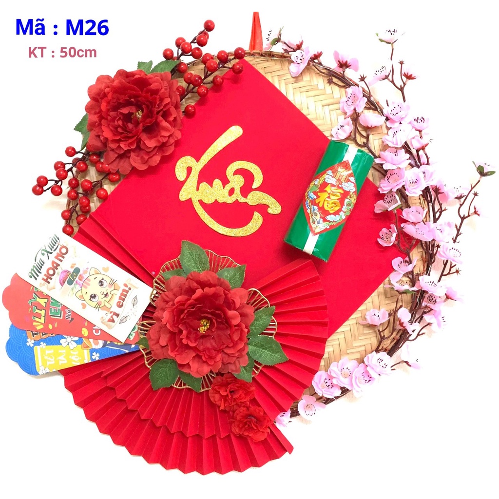 Mẹt trang trí Chữ Tết hoa hồng, hoa mẫu đơn, hoa đào - mẹt thiết kế đón tết 2023