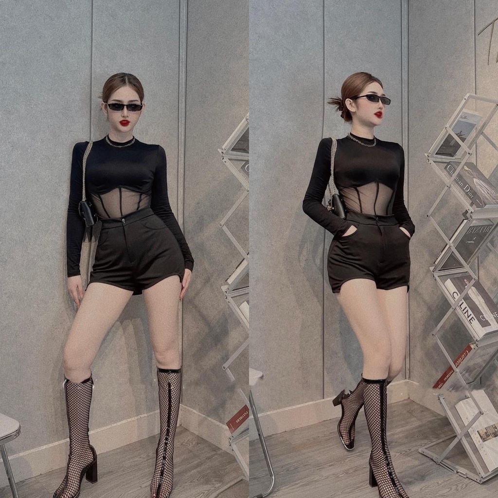 Bodysuit nữ tay dài màu đen cổ tròn kết nút sexy