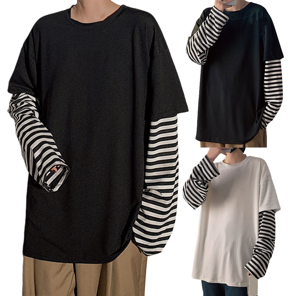 Áo Thun Tay Dài Giả Hai Lớp Họa Tiết Sọc Ngang Thời Trang Dành Cho Nam