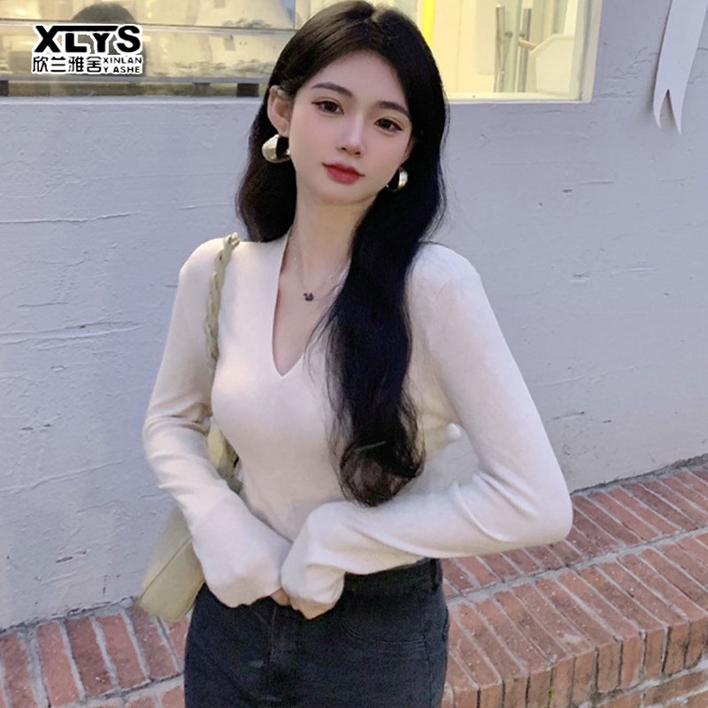 Áo thun XINLANYASHE tay dài cổ chữ V thời trang quyến rũ cho nữ