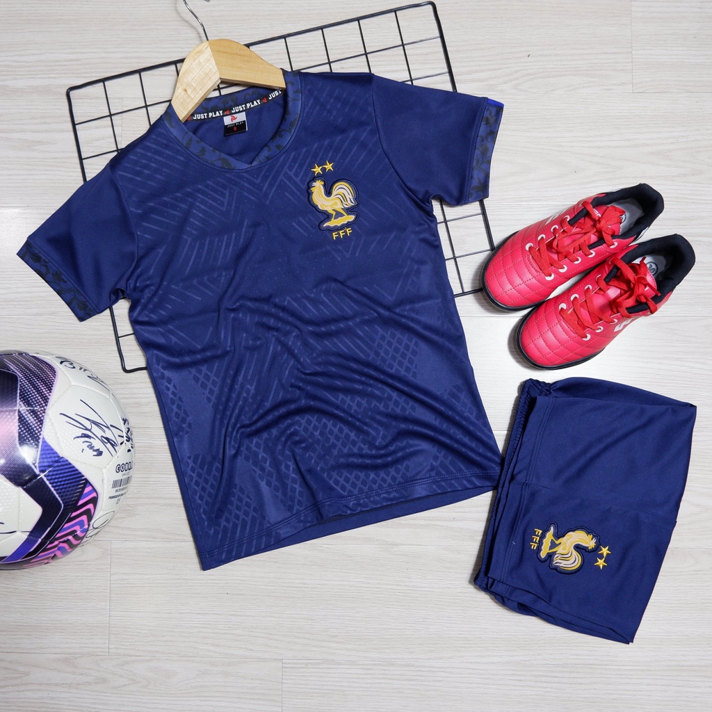 Bộ quần áo bóng đá trẻ em, áo đá banh trẻ em thoáng mát, thấm hút mồ hôi, chất vải xịn, logo thêu, in tên và số cho bé