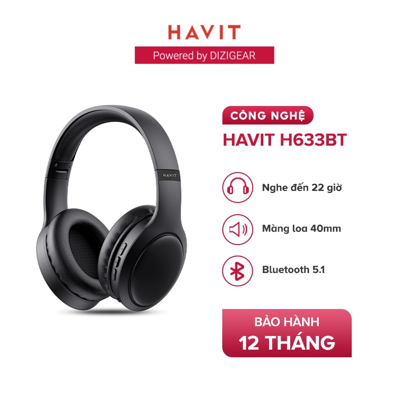 Tai Nghe Headphone Bluetooth HAVIT H633BT, Kiểu Dáng Công Thái Học, Nghe Đến 22H - Chính Hãng BH 12 Tháng