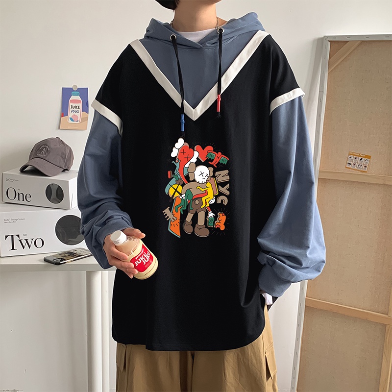 Áo Hoodie Giả Hai Lớp Dáng Rộng In Chữ Hoạt Hình Phối Dây Rút Phong Cách Hàn Quốc Thời Trang Cho Nam