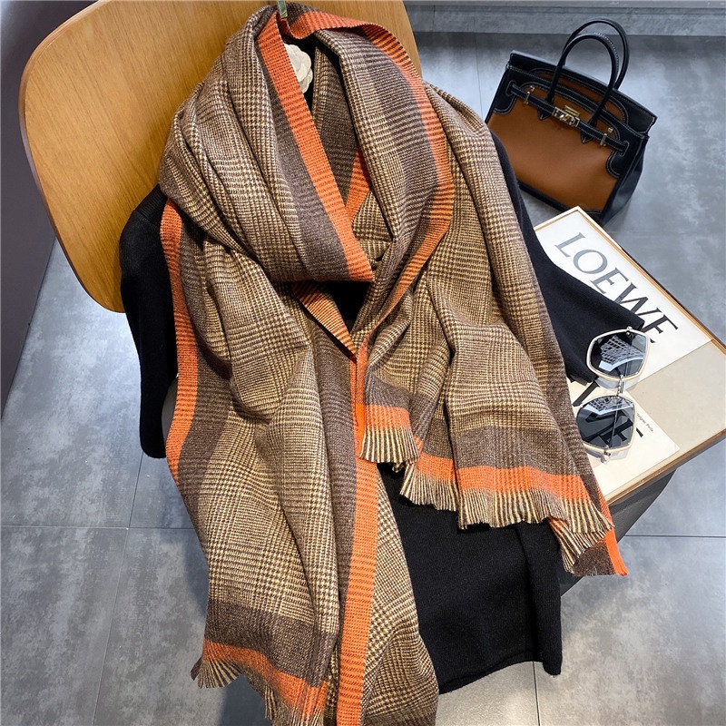 Khăn Choàng Len Cashmere Giả Hai Mặt Dày Dặn Họa Tiết Caro Phong Cách Âu Mỹ Ấm Áp Mùa Thu Đông Cho