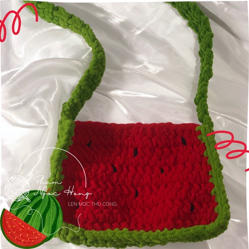 Túi len tote dưa hấu, len móc thủ công
