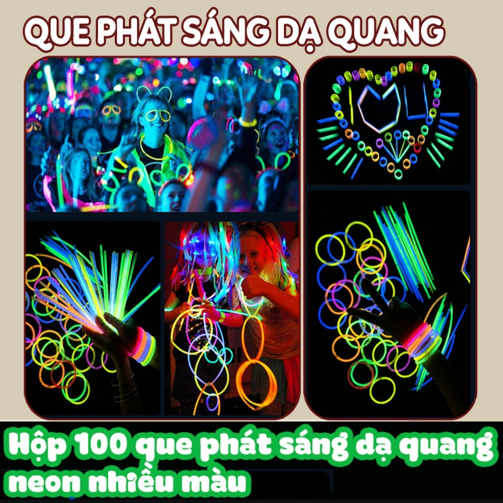 Hộp 100 Que phản quang lightstick phát sáng trong đêm tối, quẩy EDM, làm vòng đeo tay, nhảy hiphop, tiệc party, an toàn