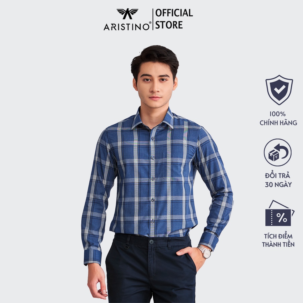 (Mẫu mới) Áo sơ mi nam dài tay ARISTINO họa tiết xanh kẻ caro trẻ trung, lịch sự - ALS12802