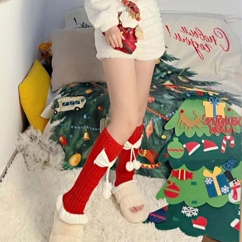 Vớ Dài Dệt Kim Giữ Ấm Chân Viền Bèo Đính Nơ Pompom Mừng Năm Mới Cho Nữ