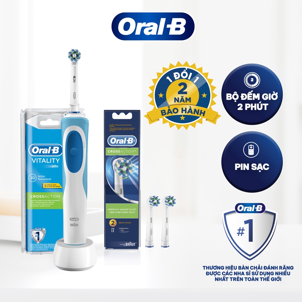 Combo Bàn Chải Điện Và Đầu Bàn Chải ORAL-B Vitality CrossAction (2 Cái)