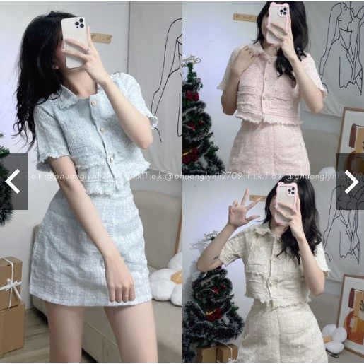 Set dạ áo croptop tay ngắn kèm chân váy chữ ,sét áo + váy chất Bố dạ cao cấp