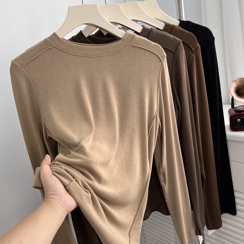 Áo Thun Sáp Mềm Tay Dài Cổ Tròn Màu Trơn Thời Trang Thu Đông Cho Nữ