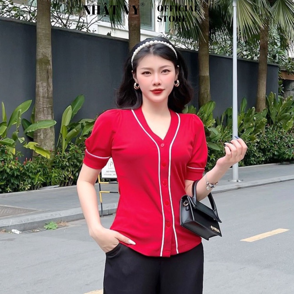 Áo công sở Nhật Vy tay ngắn cổ tim phối viền trắng cài núc chất thun sọc tăm phù hợp đi chơi dạo phố cafe - D2602