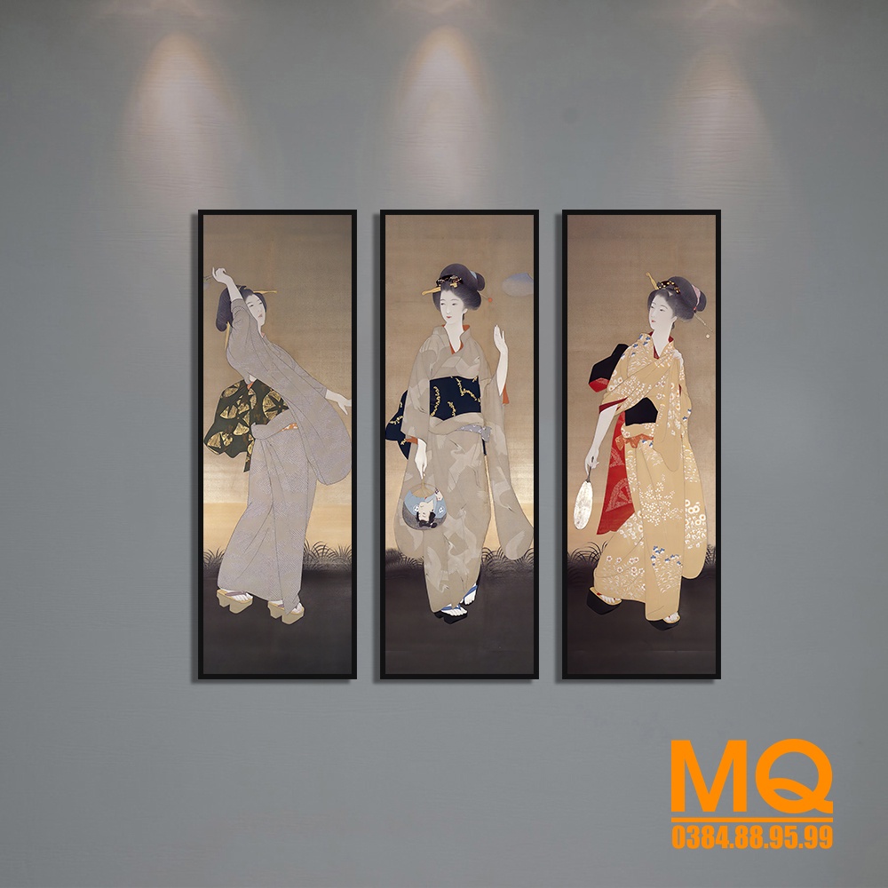 Bộ Ghép 3 Nàng Geisha Nhật Tuyệt Đẹp - Kích Thước 1 Tranh 20x60cm - Tranh Có Khung Viền Nổi, Trang Trí Nhà Hàng...
