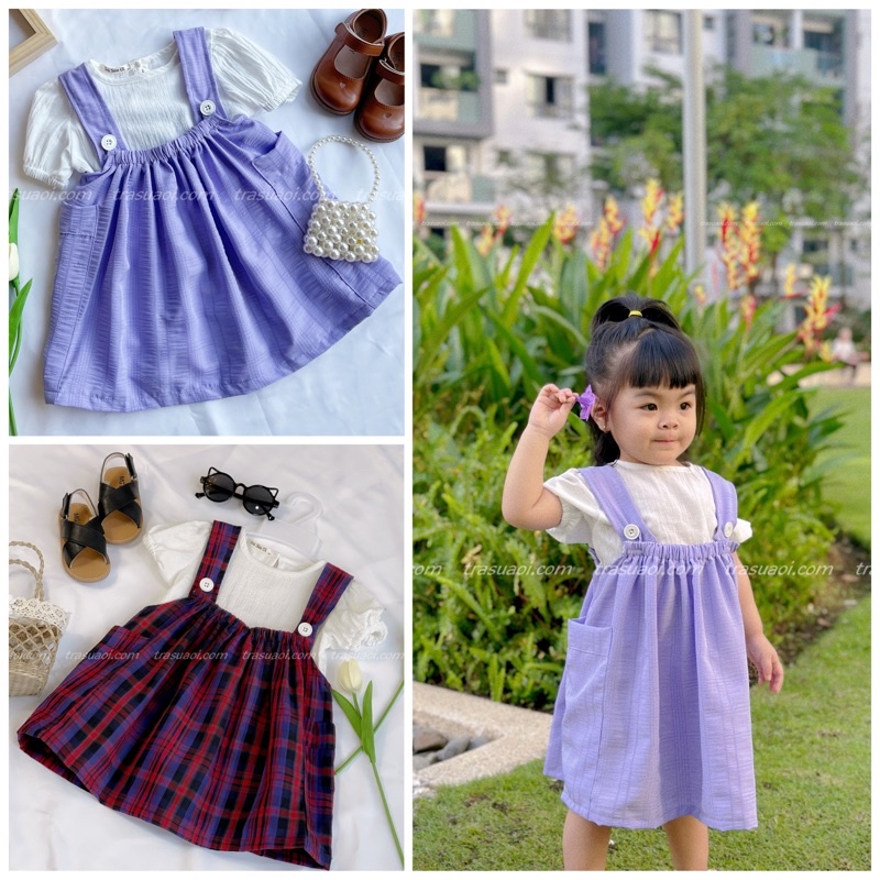 Set yếm cho bé gái, váy yếm bé gái từ 1, 2, 3, 4, 5, 6, 7, 8 tuổi kèm áo croptop cho bé gái nhiều màu - TRASUAOI D066