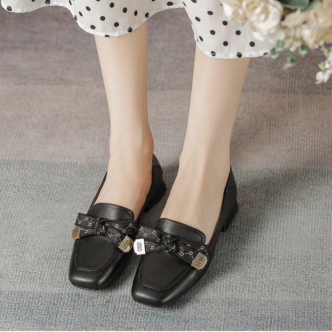 Giày Búp Bê Da Mũi Vuông Đính Nơ Phong Cách Hàn Quốc