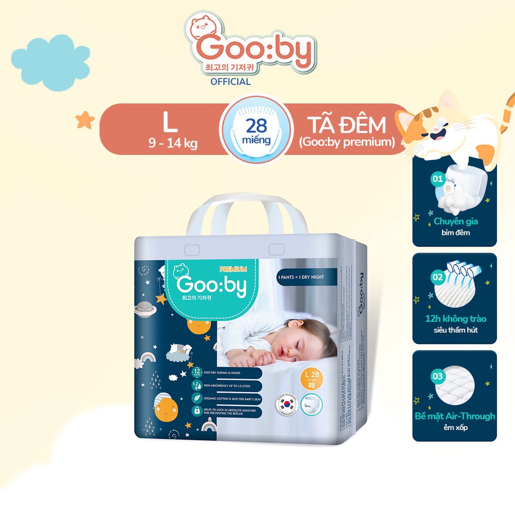 Tã/bỉm quần Gooby Premium - Chuyên gia bỉm đêm, chống trào đến 12h size M/L/XL/XXL cho bé từ 6kg - 24kg