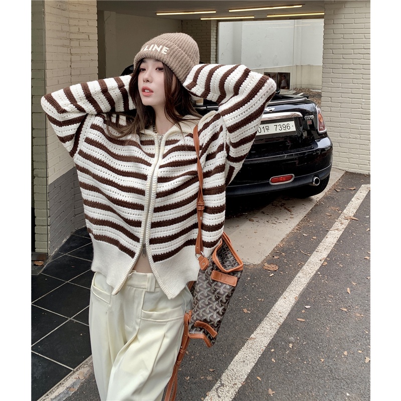 ZHELIHANGFEI Áo len sọc POLO cổ áo dệt kim áo len dài tay áo khoác ngọt ngào