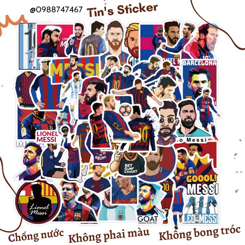 Set combo 50 miếng dán sticker cầu thủ Messi dán nón mũ bảo hiểm laptop vali sổ sách xe máy đàn guitar tủ lạnh ván trượt