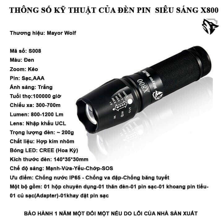 😍 Đèn pin siêu sáng, chống nước X800 chính hãng Mayor Wolf