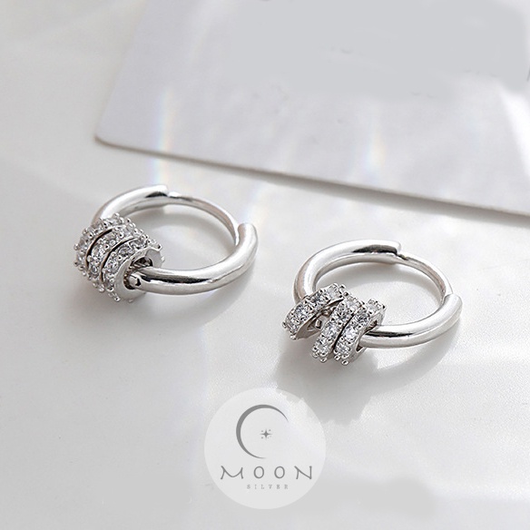Khuyên tai bạc nữ Moon Silver, bông tai bạc nữ 925 thiết kế tròn 3 vòng đính đá cá tính phong cách