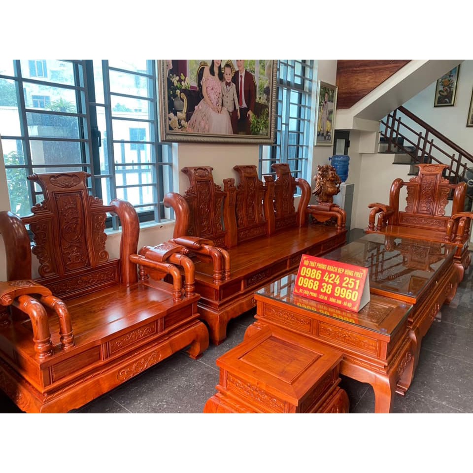 Bộ Bàn Ghế Tần Thủy Hoàng Gỗ Hương Đá Cột Liền Yếm Liền