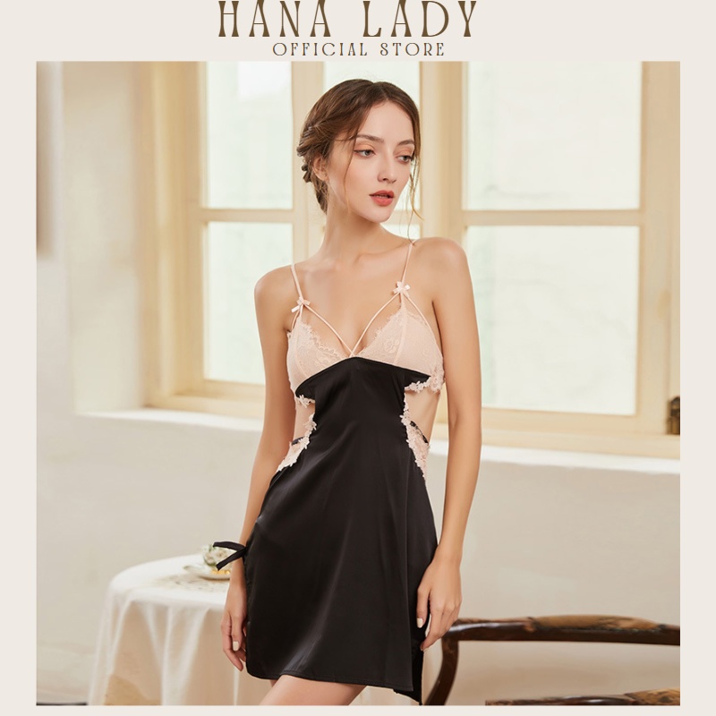 Váy ngủ 2 dây nữ kèm chíp sexy chất lụa cao cấp phối ren quyến rũ Hana Lady V422
