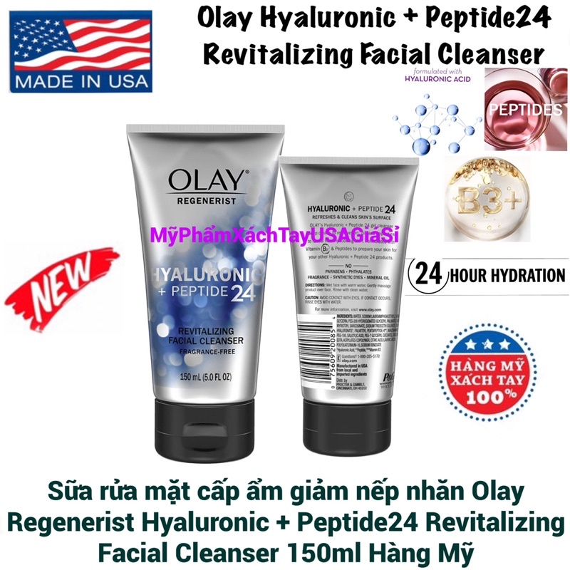 Sữa rửa mặt cấp ẩm giảm nếp nhăn Olay Regenerist Hyaluronic + Peptide24 Revitalizing Facial Cleanser 150ml Hàng Mỹ