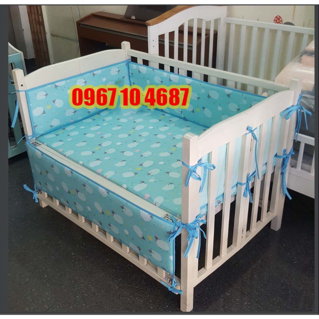 Bộ quây và ga bọc nệm cho cũi gỗ vải cotton hàn, kích thước 70x120cm