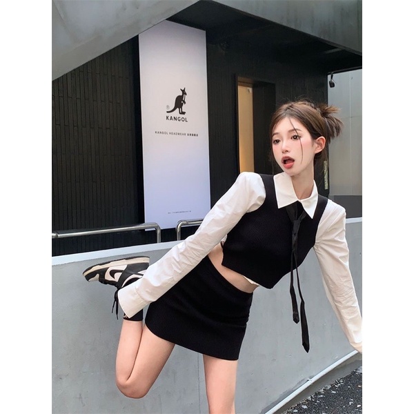 Set 3 Món Áo Sơ Mi Trắng Croptop & Áo Len Sát Nách Hở Lưng & Chân Váy Ngắn Ôm Kèm Cà Vạt
