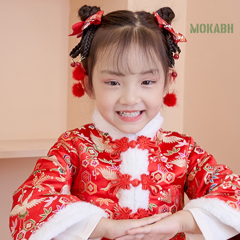 1 Cặp Kẹp Tóc Giả Đính Nơ Tua Rua Phong Cách Trung Hoa Ngọt Ngào Mừng Năm Mới Cho Bé