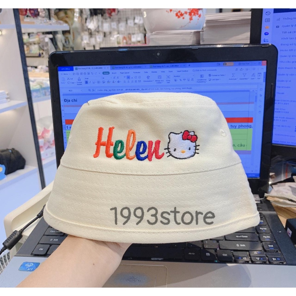 Mũ bucket thêu tên/Nón bo thêu tên màu cầu vồng kèm sticker siêu cưng!!!