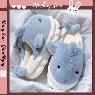 (Hàng sẵn) Dép bông nam nữ mang trong nhà cá heo xanh dễ thương loại 1 bông siêu dày đế 3cm