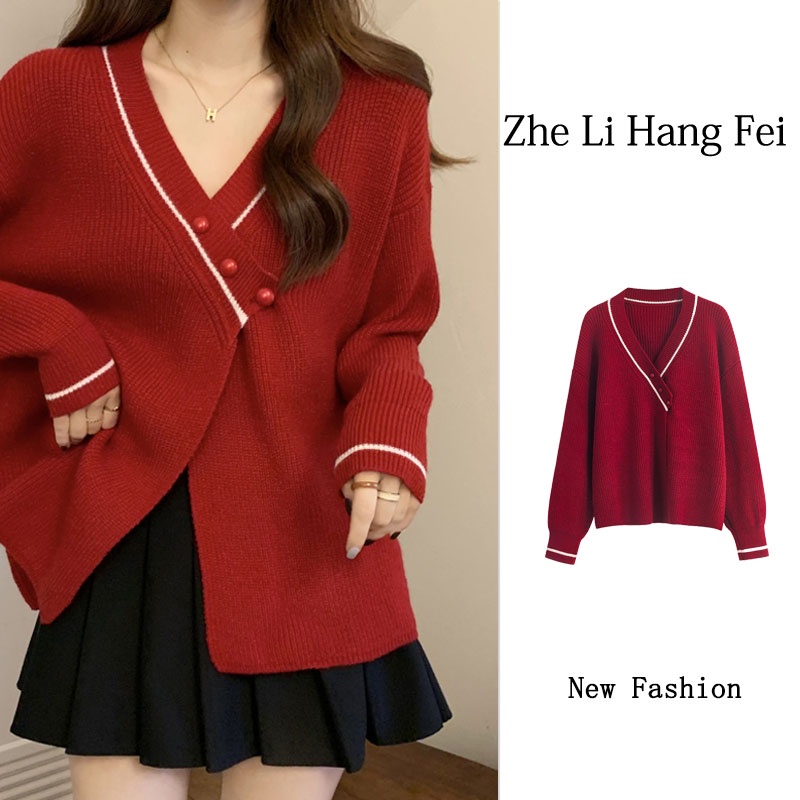 ZHELIHANGFEI Áo khoác cardigan dệt kim cổ chữ V tay dài dáng rộng đa năng
