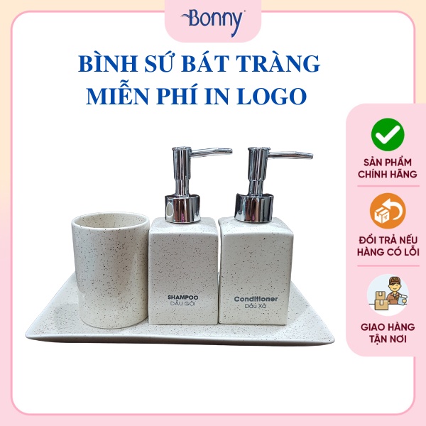 Bình sứ đựng nước rửa tay, lọ sứ đựng dầu gội, sữa tắm gốm sứ Bát Tràng cao cấp, bình vuông cát trắng 300ml