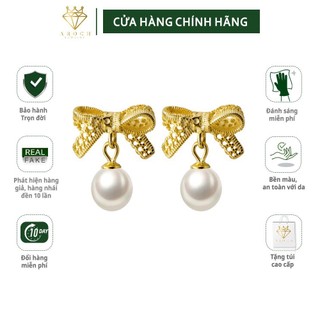 Khuyên tai bạc Ý s925 cọng nơ vàng gắn ngọc trắng G1353 - AROCH Jewelry