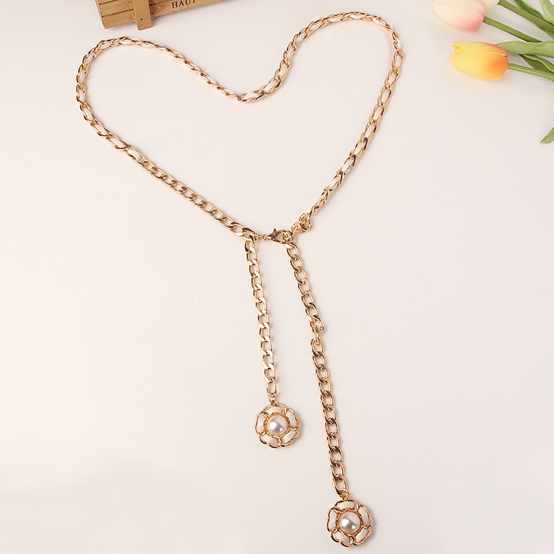 Dây Xích Đeo Thắt Lưng Bằng Kim Loại Đính Ngọc Trai Cho Nữ