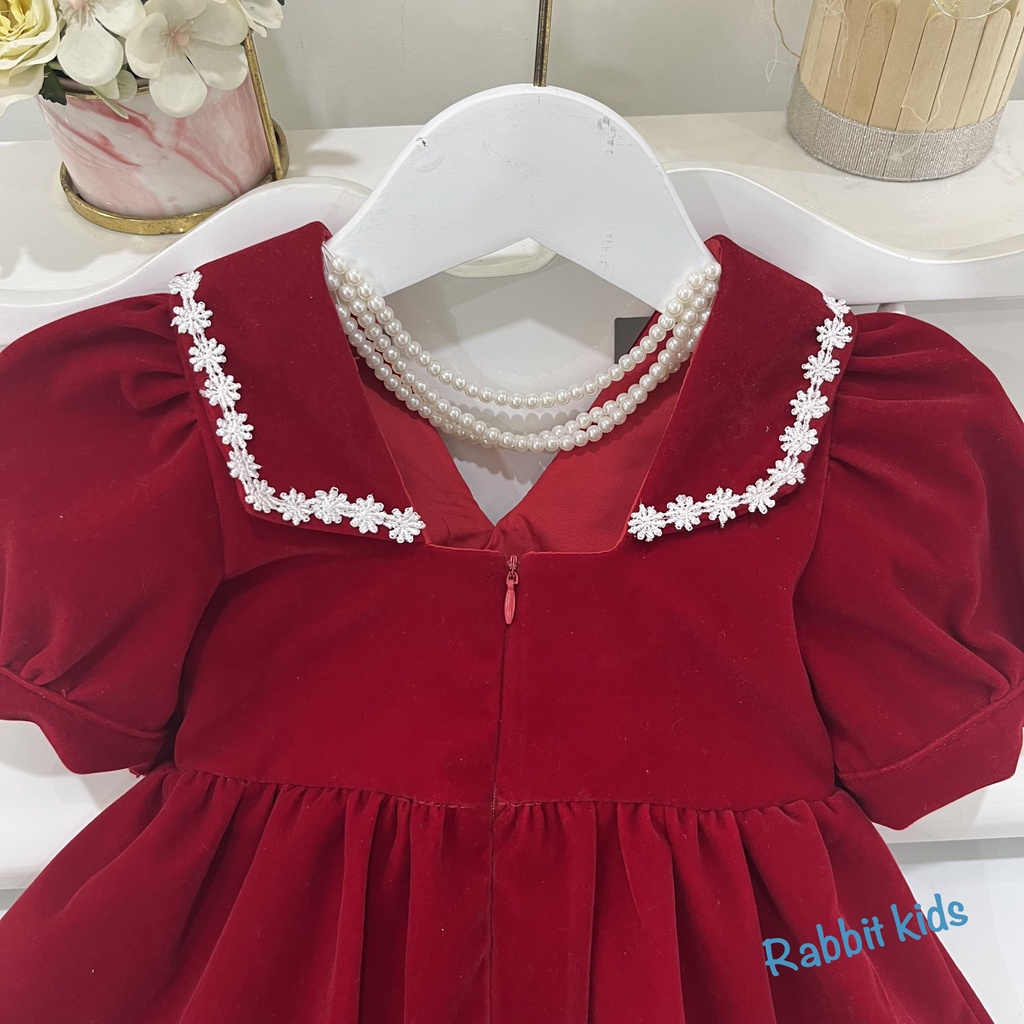 Váy Bé Gái Size Đại 8-40kg💝FREESHIP💝 Rabbit Kids-Đầm Nhung Đỏ Chuỗi Ngọc Trẻ Em 1,2,3,4,5,6,7,8,9,10 tuổi