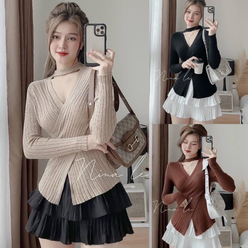 áo thun gân xinh xinh nữ chéo tà cổ tim be be be2