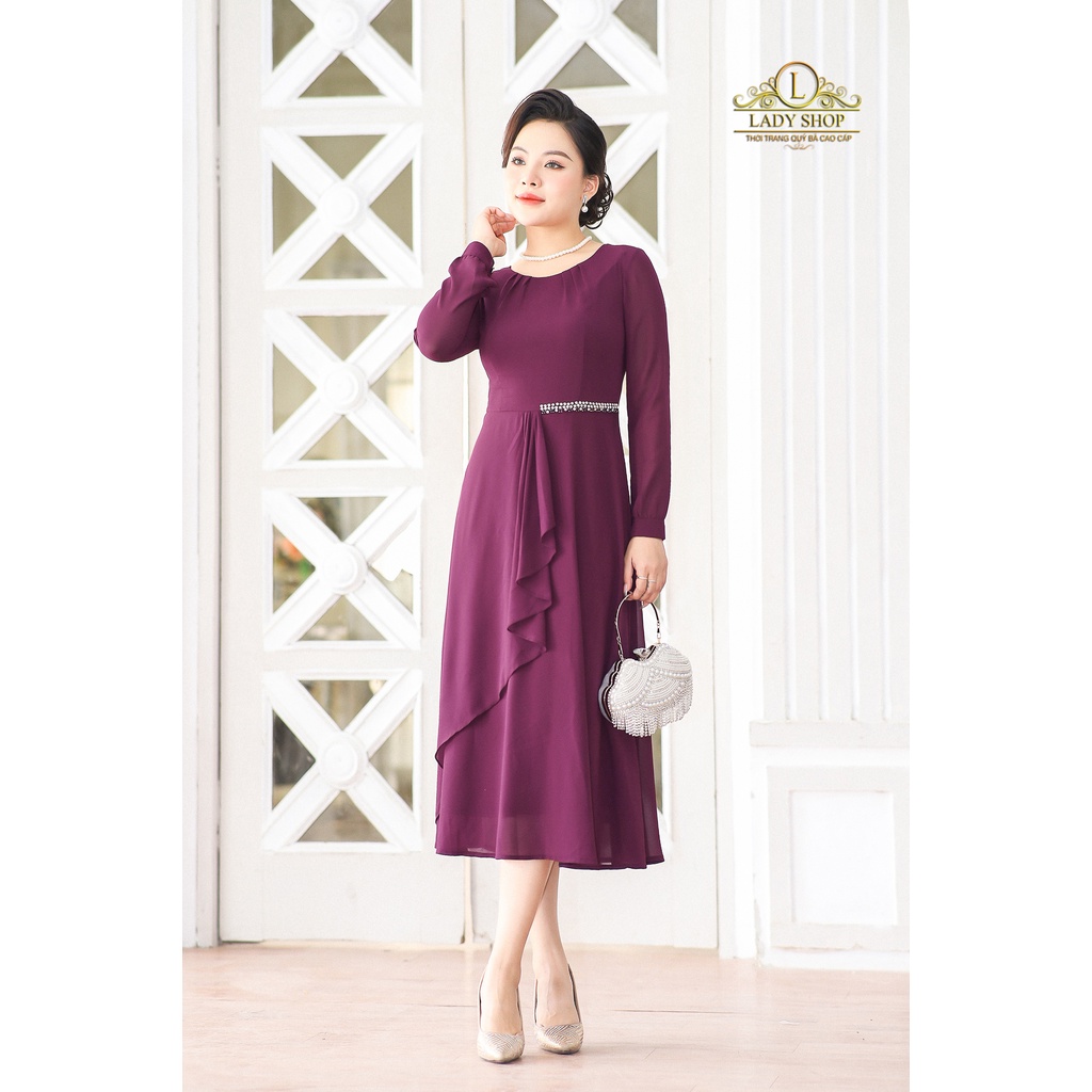 Đầm voan phối tà viền đai Ladyshop thời trang trung niên cao cấp T35