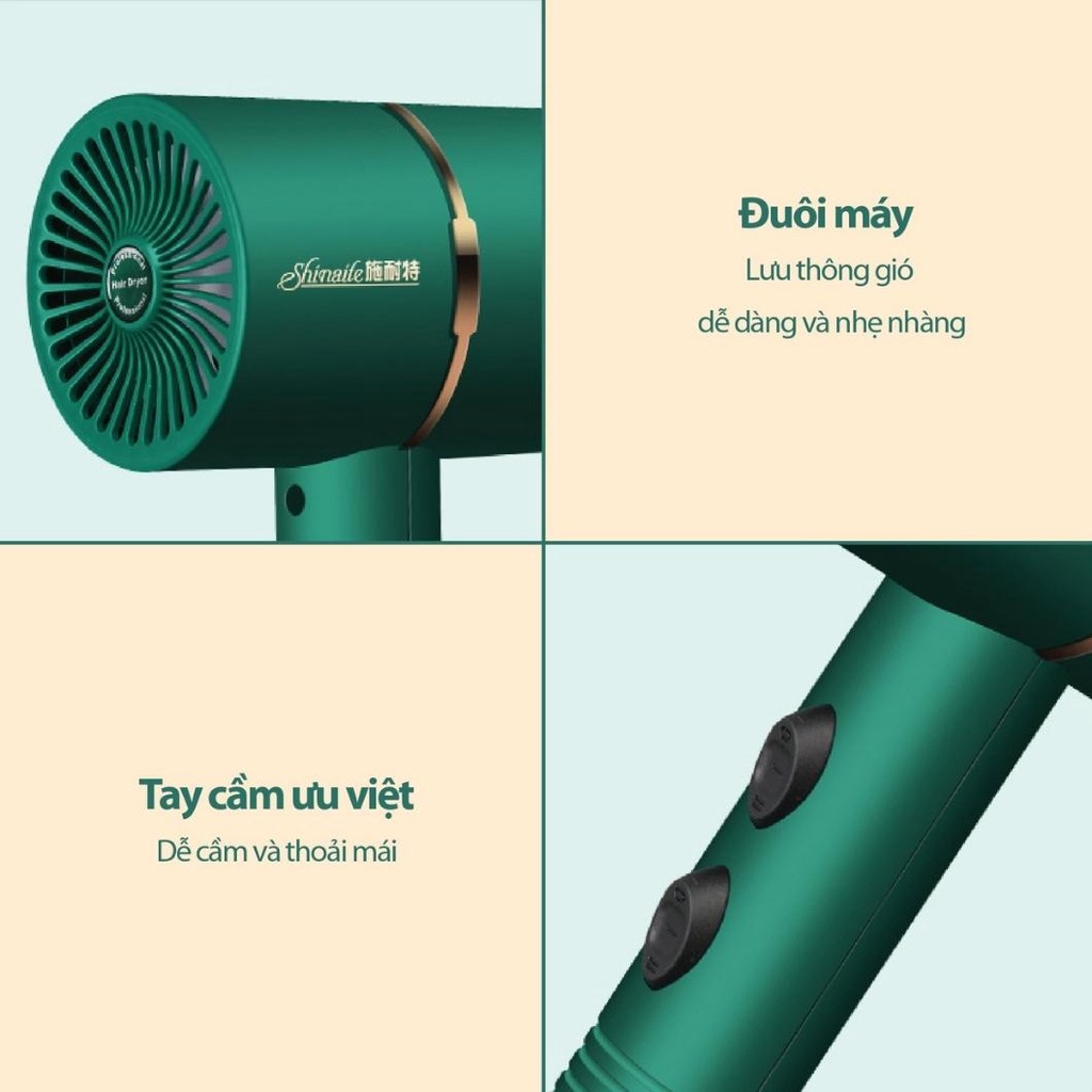 Máy sấy tóc 2 chiều nóng lạnh Shinaite có ion âm và ánh sáng xanh bảo vệ tóc - tặng kèm đầu sấy 360