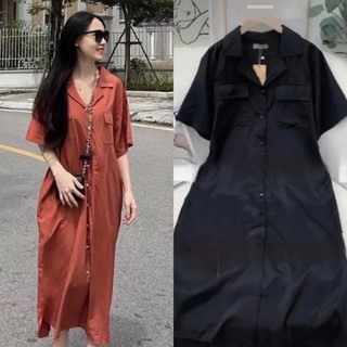 Váy sơ mi túi nắp, váy sơ mi cổ vest maxi dài