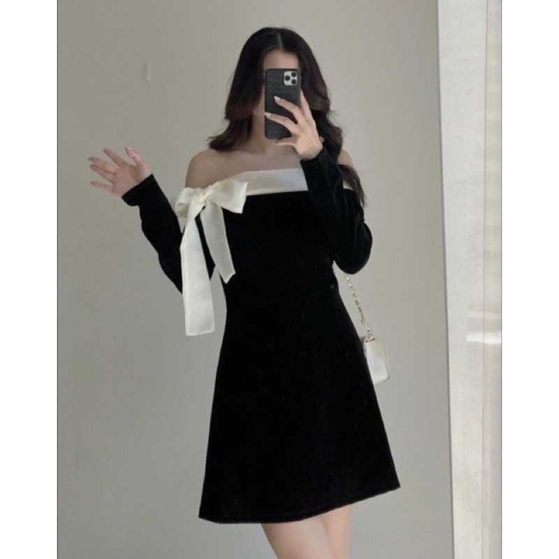 Đầm nhung Nina trễ vai phối nơ voan trắng